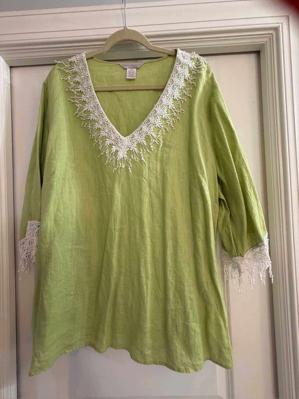 Linen V-Neck Tunic with White Lace Trim - Light Green